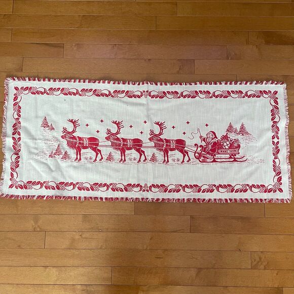 Vintage Santa Claus Sleigh & Reindeer Christmas Table Runner Hand Woven Tapestry - Picture 1 of 9